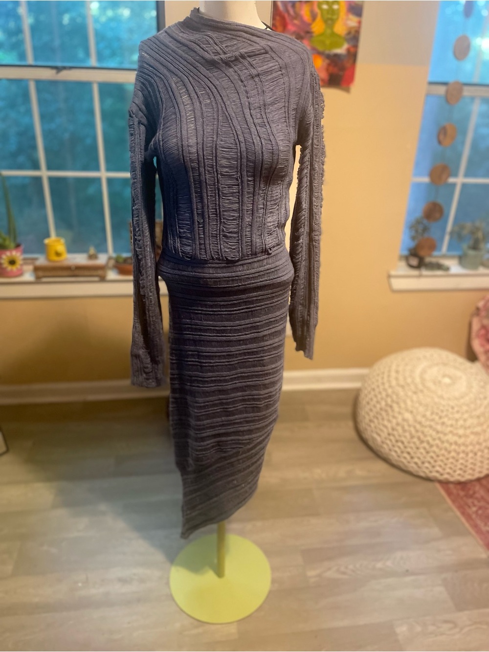 SHEIN Charcoal Gray Textured Knit Maxi Dress Sexy Sweaterdress